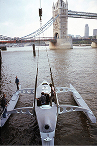Experimental trimaran at launch near Tower Bridge, London, 1978